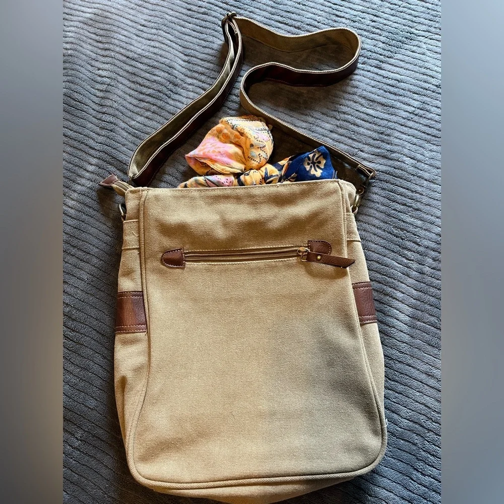 Canvas Hobo Crossbody Bag with Leather Accents - Beige